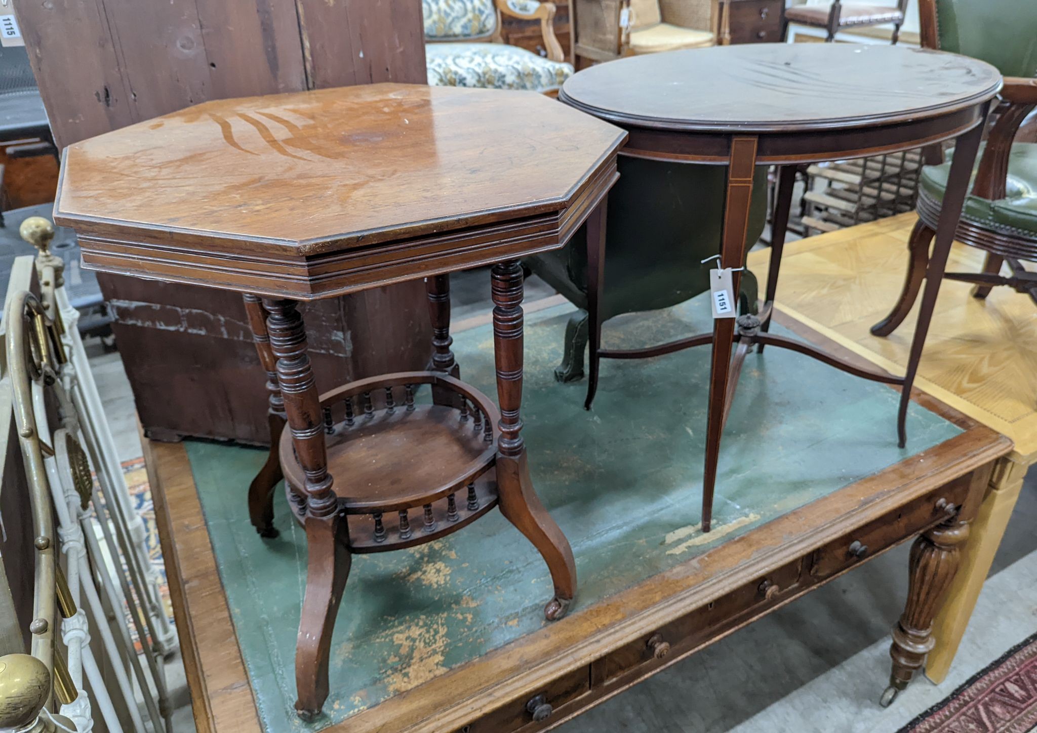 An Edwardian oval satinwood banded occasional table, width 76cm, height 71cm together with a Victorian octagonal centre table